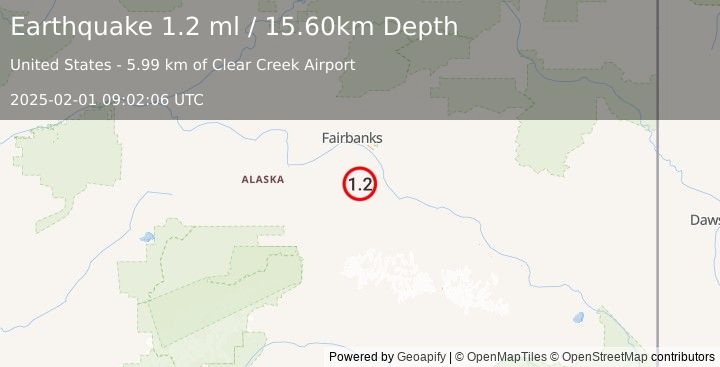 Earthquake 33 km WSW of Salcha, Alaska (1.2 ml) (2025-02-01 09:02:06 UTC)