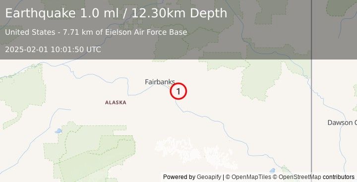 Earthquake 7 km E of Eielson Air Force Base, Alaska (1.0 ml) (2025-02-01 10:01:50 UTC)