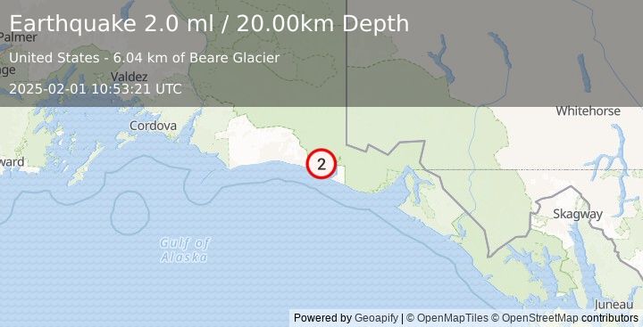 Earthquake 121 km WNW of Yakutat, Alaska (2.0 ml) (2025-02-01 10:53:21 UTC)