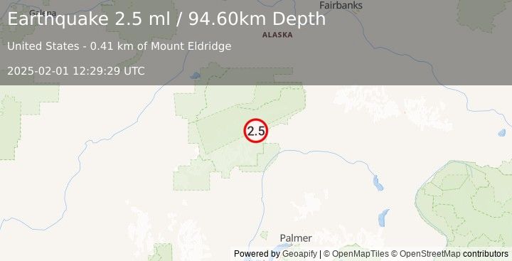 Earthquake 74 km NNE of Petersville, Alaska (2.5 ml) (2025-02-01 12:29:29 UTC)