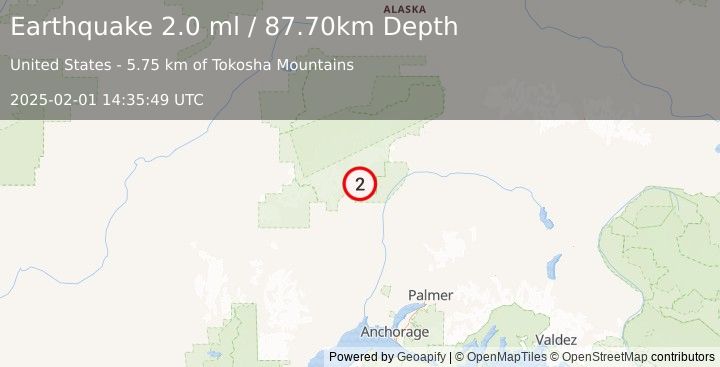 Earthquake 27 km N of Petersville, Alaska (2.0 ml) (2025-02-01 14:35:49 UTC)