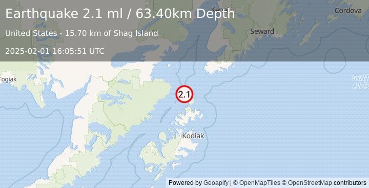 Earthquake 74 km N of Aleneva, Alaska (2.1 ml) (2025-02-01 16:05:51 UTC)