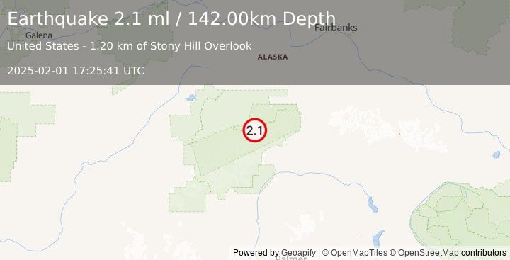 Earthquake 64 km W of Cantwell, Alaska (2.1 ml) (2025-02-01 17:25:41 UTC)