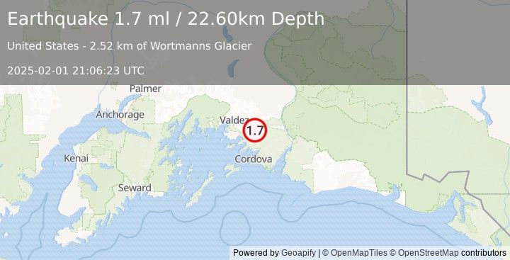 Earthquake 38 km ESE of Valdez, Alaska (1.7 ml) (2025-02-01 21:06:23 UTC)