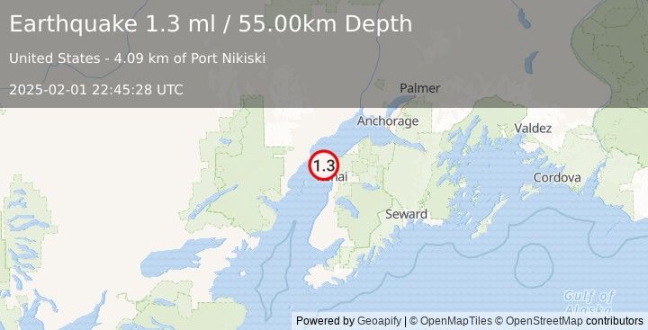 Earthquake 8 km W of Nikiski, Alaska (1.3 ml) (2025-02-01 22:45:28 UTC)