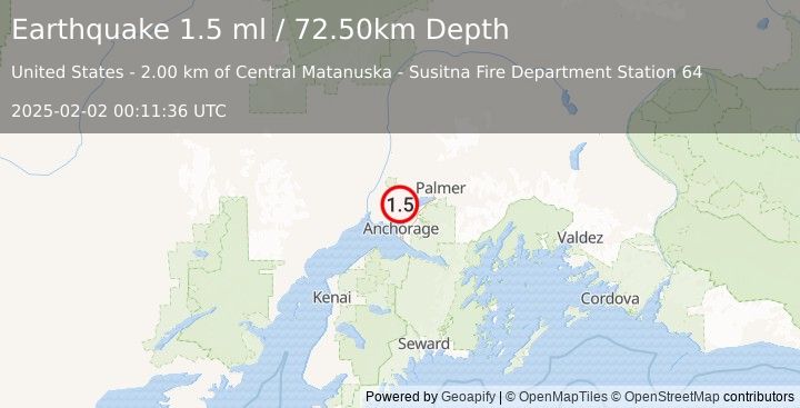 Earthquake 8 km SSE of Big Lake, Alaska (1.5 ml) (2025-02-02 00:11:36 UTC)