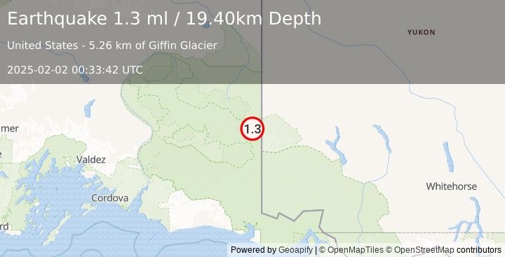 Earthquake 88 km E of McCarthy, Alaska (1.3 ml) (2025-02-02 00:33:42 UTC)