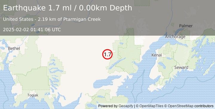 Earthquake 51 km NW of Port Alsworth, Alaska (1.7 ml) (2025-02-02 01:41:06 UTC)