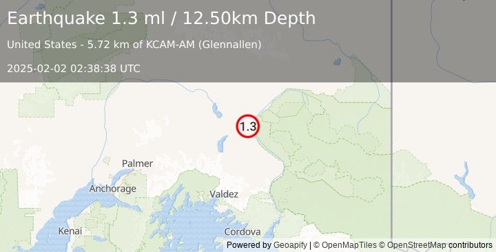 Earthquake 6 km NNW of Glennallen, Alaska (1.3 ml) (2025-02-02 02:38:38 UTC)