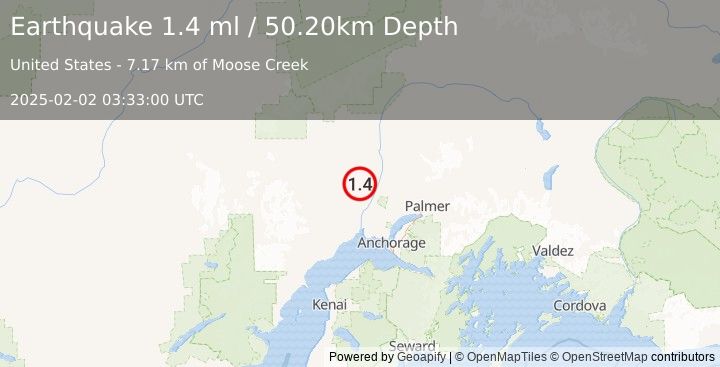 Earthquake 30 km WNW of Willow, Alaska (1.4 ml) (2025-02-02 03:33:00 UTC)