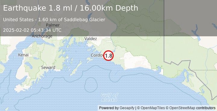 Earthquake 39 km E of Cordova, Alaska (1.8 ml) (2025-02-02 05:43:34 UTC)