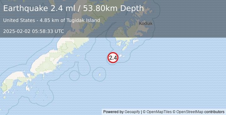 Earthquake 60 km SSW of Akhiok, Alaska (2.4 ml) (2025-02-02 05:58:33 UTC)