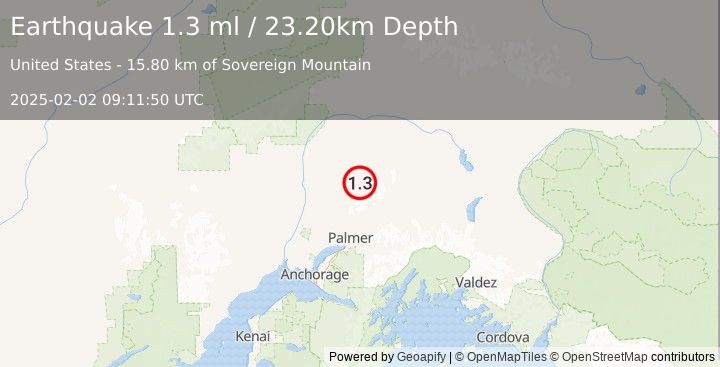 Earthquake 43 km N of Sutton-Alpine, Alaska (1.3 ml) (2025-02-02 09:11:50 UTC)