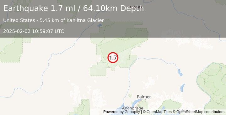 Earthquake 49 km NNW of Petersville, Alaska (1.7 ml) (2025-02-02 10:59:07 UTC)