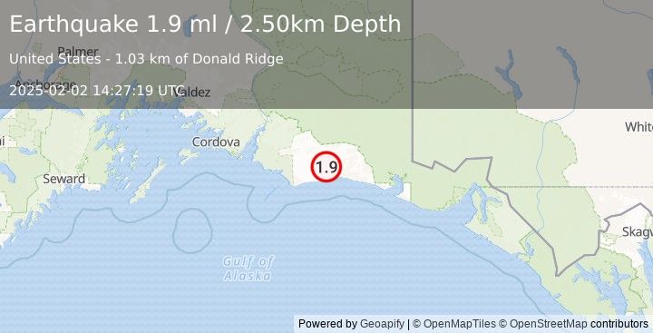 Earthquake 132 km S of McCarthy, Alaska (1.9 ml) (2025-02-02 14:27:19 UTC)