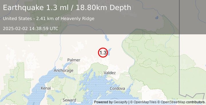 Earthquake 14 km SSW of Nelchina, Alaska (1.3 ml) (2025-02-02 14:38:59 UTC)