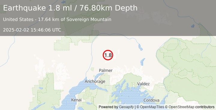 Earthquake 40 km NNW of Sutton-Alpine, Alaska (1.8 ml) (2025-02-02 15:46:06 UTC)