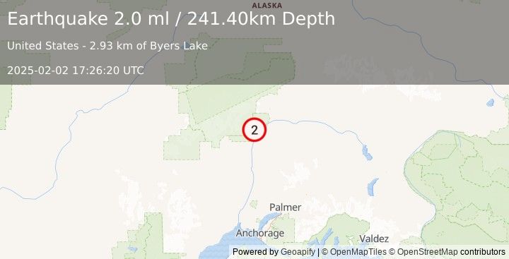 Earthquake 30 km N of Chase, Alaska (2.0 ml) (2025-02-02 17:26:20 UTC)