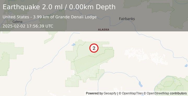 Earthquake 66 km ENE of Denali National Park, Alaska (2.0 ml) (2025-02-02 17:56:39 UTC)