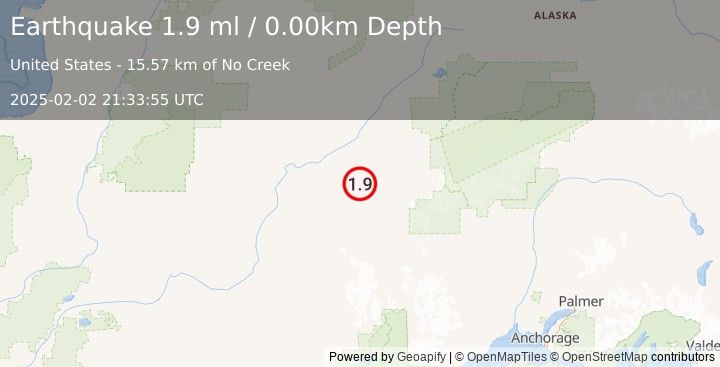 Earthquake 31 km SE of Nikolai, Alaska (1.9 ml) (2025-02-02 21:33:55 UTC)