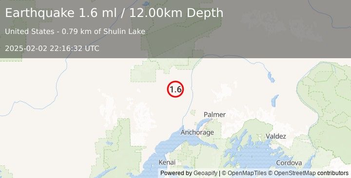 Earthquake 32 km ENE of Skwentna, Alaska (1.6 ml) (2025-02-02 22:16:32 UTC)