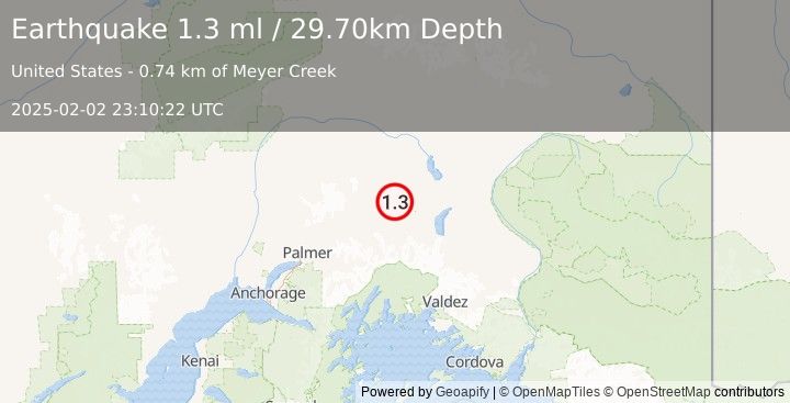 Earthquake 18 km NNW of Eureka Roadhouse, Alaska (1.3 ml) (2025-02-02 23:10:22 UTC)