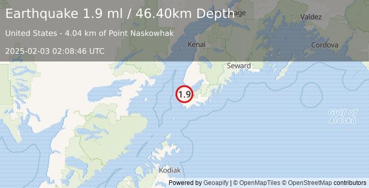 Earthquake 6 km NNW of Seldovia, Alaska (1.9 ml) (2025-02-03 02:08:46 UTC)