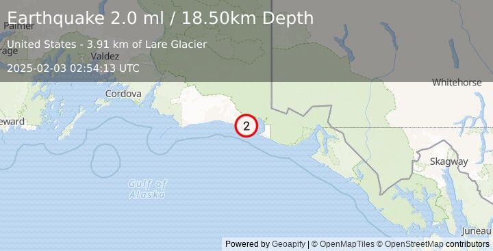 Earthquake 128 km WNW of Yakutat, Alaska (2.0 ml) (2025-02-03 02:54:13 UTC)