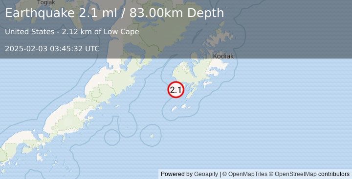 Earthquake 22 km W of Akhiok, Alaska (2.1 ml) (2025-02-03 03:45:32 UTC)