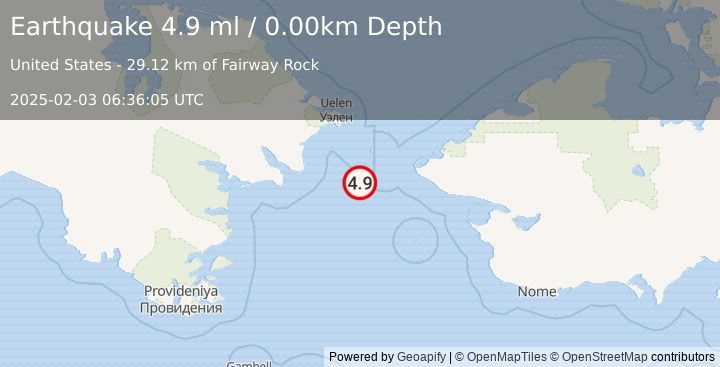 Earthquake 33 km SSW of Diomede, Alaska (4.9 ml) (2025-02-03 06:36:05 UTC)