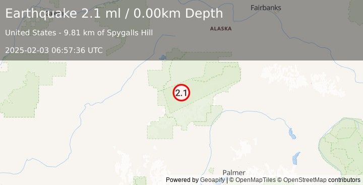 Earthquake 39 km SSE of Denali National Park, Alaska (2.1 ml) (2025-02-03 06:57:36 UTC)