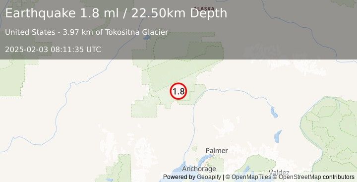 Earthquake 36 km N of Petersville, Alaska (1.8 ml) (2025-02-03 08:11:35 UTC)