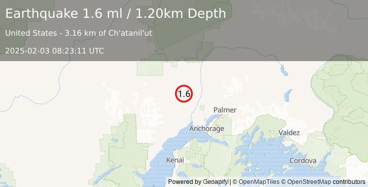 Earthquake 28 km ESE of Skwentna, Alaska (1.6 ml) (2025-02-03 08:23:11 UTC)