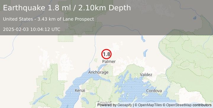 Earthquake 13 km NNW of Fishhook, Alaska (1.8 ml) (2025-02-03 10:04:12 UTC)