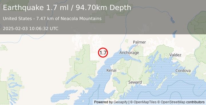 Earthquake 44 km WNW of Tyonek, Alaska (1.7 ml) (2025-02-03 10:06:32 UTC)