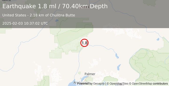 Earthquake 59 km SSW of Cantwell, Alaska (1.8 ml) (2025-02-03 10:37:02 UTC)