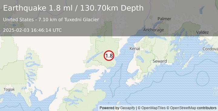 Earthquake 66 km E of Port Alsworth, Alaska (1.8 ml) (2025-02-03 16:46:14 UTC)