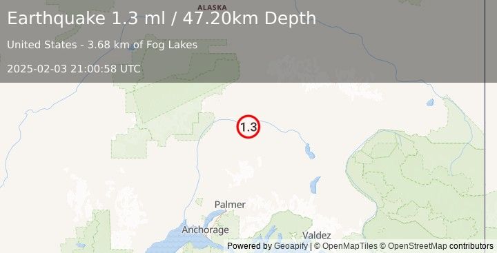 Earthquake 73 km SSE of Cantwell, Alaska (1.3 ml) (2025-02-03 21:00:58 UTC)