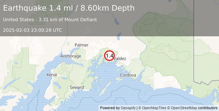 Earthquake 41 km WNW of Valdez, Alaska (1.4 ml) (2025-02-03 23:00:28 UTC)