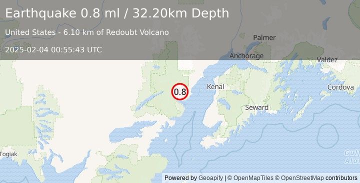 Earthquake 77 km NW of Ninilchik, Alaska (0.8 ml) (2025-02-04 00:55:43 UTC)