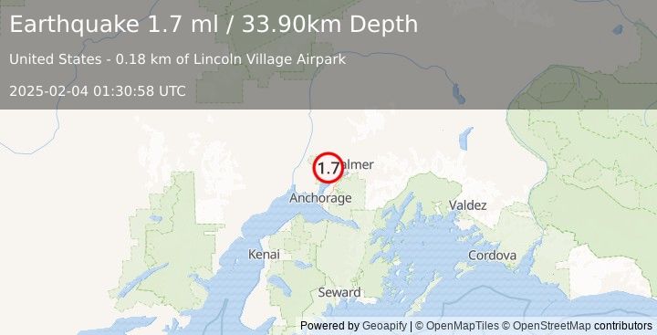 Earthquake 7 km NW of Knik-Fairview, Alaska (1.7 ml) (2025-02-04 01:30:58 UTC)