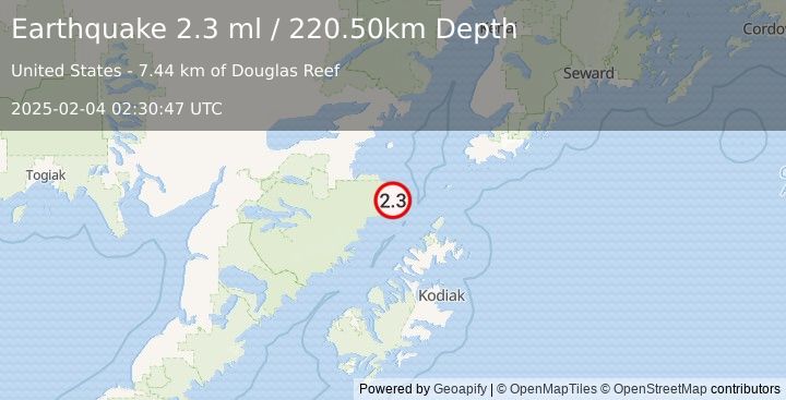 Earthquake 86 km NNW of Aleneva, Alaska (2.3 ml) (2025-02-04 02:30:47 UTC)