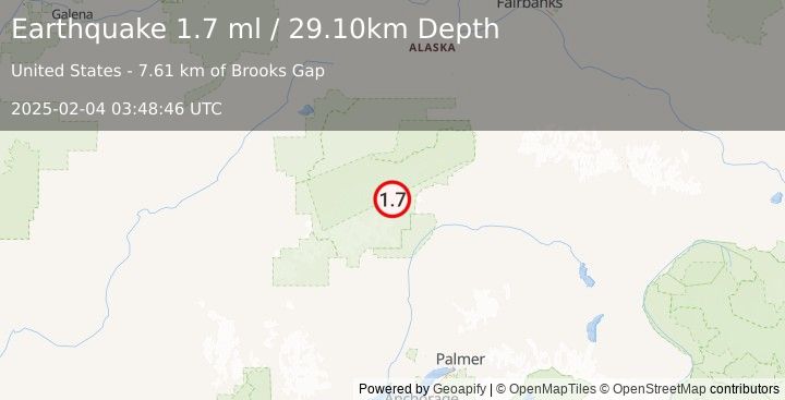 Earthquake 67 km NNE of Petersville, Alaska (1.7 ml) (2025-02-04 03:48:46 UTC)