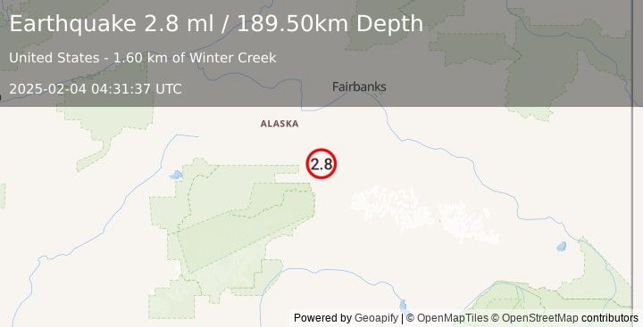 Earthquake 23 km E of Ferry, Alaska (2.8 ml) (2025-02-04 04:31:37 UTC)