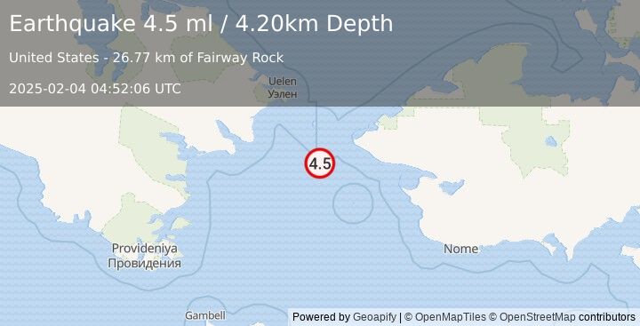 Earthquake 40 km S of Diomede, Alaska (4.5 ml) (2025-02-04 04:52:06 UTC)