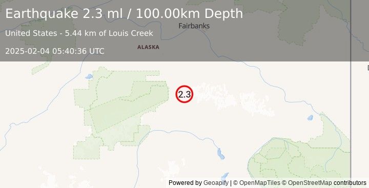 Earthquake 43 km ESE of Denali Park, Alaska (2.3 ml) (2025-02-04 05:40:36 UTC)