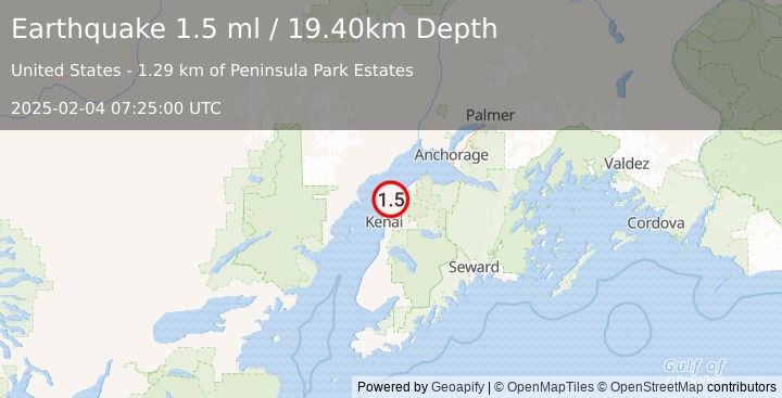 Earthquake 13 km NE of Nikiski, Alaska (1.5 ml) (2025-02-04 07:25:00 UTC)