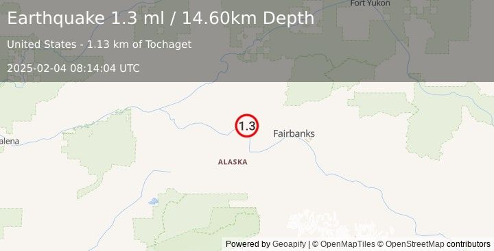 Earthquake 23 km SSE of Minto, Alaska (1.3 ml) (2025-02-04 08:14:04 UTC)