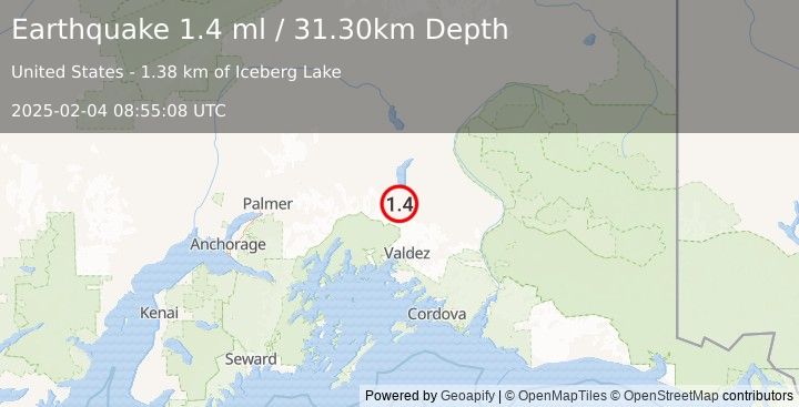 Earthquake 46 km SSE of Nelchina, Alaska (1.4 ml) (2025-02-04 08:55:08 UTC)