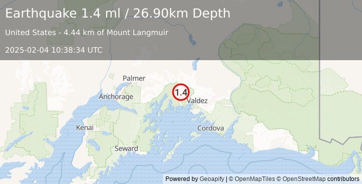 Earthquake 42 km WNW of Valdez, Alaska (1.4 ml) (2025-02-04 10:38:34 UTC)